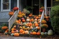 porch steps lined with assorted colorful pumpkins