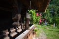 Porch of traditional Maramures wooden church. UNESCO world heritage site. Surdesti, Maramures, Romania