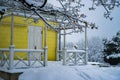 The porch of a wooden house after snowfall Royalty Free Stock Photo