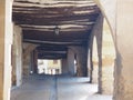 Porches with stone arches and wooden roof, benabarre, huesca, spain, europe