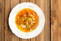 Porcini mushroom soup with potato and carrot in white plate on w Royalty Free Stock Photo