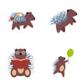 Porcupine icons set cartoon . Funny porcupine doing various activity