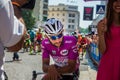 Pordenone, Italy May 27, 2017: Professional cyclist Fernando Gaviria Quick Step Team, in purple jersey, in first line.