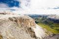 Pordoi pass mountain road valley and Piz Boe from the Sass Pordoi plateau in Dolomites, Italy, Europe