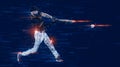 Baseball player with bat taking a swing on grand arena. Ballplayer on dark background in action.