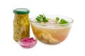 Pork aspic in glass bowl, beet horseradish sauce, French mustard Royalty Free Stock Photo