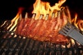 Pork Baby Back Or Spareribs On BBQ Grill With Flames