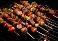 Pork,beef,lamb and chicken skewers on portable grill.Macro.AI Generative