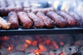 Pork and beef sausages cooking over the hot coals on a barbecue Royalty Free Stock Photo