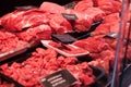 Pork, beef, tenderloin, meatballs, entrecote, ham, carbonate in refrigerator on market counter