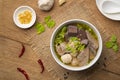 Pork blood tofu soup with lettuce,Clear soup asian style food mixed minced pork balls,Pork blood cubes and liver