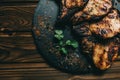 Pork bone steak on a wooden background with honey. Board slate. kenza, pepper Royalty Free Stock Photo