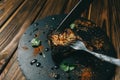 Pork bone steak on a wooden background with honey. Board slate. kenza, pepper