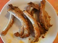 Pork bones leftover from steak BBQ pork spare ribs after finished dish