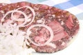 Pork brawn slices with onion on plate Royalty Free Stock Photo