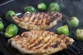 Pork and brussels sprouts on grill pan. Selective focus Royalty Free Stock Photo