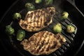 Pork and brussels sprouts on grill pan. Selective focus. Toned Royalty Free Stock Photo