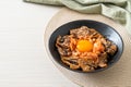 Pork bulgogi rice bowl with kimchi and Korean pickled egg Royalty Free Stock Photo