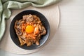 Pork bulgogi rice bowl with kimchi and Korean pickled egg Royalty Free Stock Photo