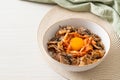 Pork bulgogi rice bowl with kimchi and Korean pickled egg Royalty Free Stock Photo