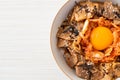 Pork bulgogi rice bowl with kimchi and Korean pickled egg Royalty Free Stock Photo