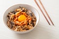 Pork bulgogi rice bowl with kimchi and Korean pickled egg Royalty Free Stock Photo