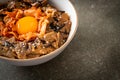 Pork bulgogi rice bowl with kimchi and Korean pickled egg Royalty Free Stock Photo