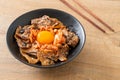 Pork bulgogi rice bowl with kimchi and Korean pickled egg Royalty Free Stock Photo