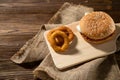 Pork burger handmade with tasty cutlet freid slices of onion Royalty Free Stock Photo