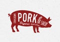 Pork butcher vintage diagram meat illustration. Pig cut butchery farm food menu logo bacon