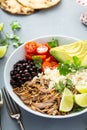 Pork carnitas bowl or burrito bowl with rice