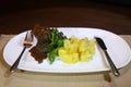 Pork cheeks in Demiglas sauce with boiled potatoes.