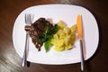 Pork cheeks in Demiglas sauce with boiled potatoes.