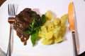 Pork cheeks in Demiglas sauce with boiled potatoes.
