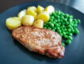 Pork chop with baby potatoes and peas. Selective focus.