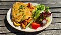 Pork chop with fried potatoes and fresh vegetable salad for lunch Royalty Free Stock Photo