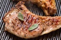 Pork chop in a frying pan grill closeup Royalty Free Stock Photo