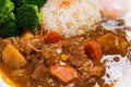 Pork Curry Rice on wooden background ( Onsen tamago, Potato, enoki mushroom, onion, broccoli, Japanese style)