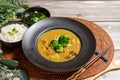 Pork Curry Rice on wooden background Table decoration Royalty Free Stock Photo