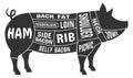 Pork cut diagram in black pig silhoutte. Butcher scheme