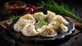 Fresh Herb Dumplings For Sale: Dark White And Gray Oriental-inspired Plate