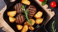 Pork Fillet Fried on Skillet for Dinner with Rosemary, Garlic and Salt. Grill Juicy Meat Top Down View. Generative AI Royalty Free Stock Photo