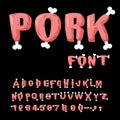 Pork font. Beef alphabet. Meat on bones of lettering. Ham ABC.