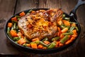 Pork grilled steak with carrots and green beans in a cast-iron frying pan on a natural wooden background Royalty Free Stock Photo