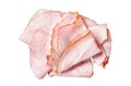 Pork ham slices on cutting board, Italian Prosciutto cotto. Isolated on white background, top view.
