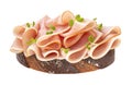Pork ham slices on rye bread isolated on white background Royalty Free Stock Photo