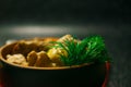 Pork in an interesting dish, baked with vegetables and decorated with dill with red napkins on a black background Royalty Free Stock Photo