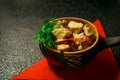 Pork in an interesting dish, baked with vegetables and decorated with dill with red napkins on a black background Royalty Free Stock Photo