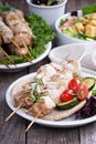 Pork kebabs on pita with vegetables Royalty Free Stock Photo
