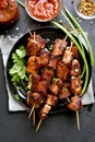 Pork kebabs on wooden skewers Royalty Free Stock Photo